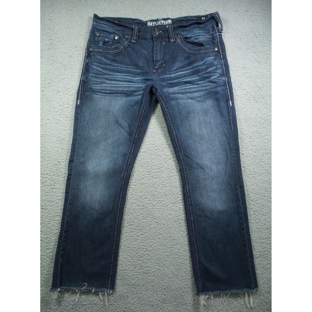 Affliction Jeans Mens Size 34 Blue Denim Gage Straight Leg Frayed Hem Stretch